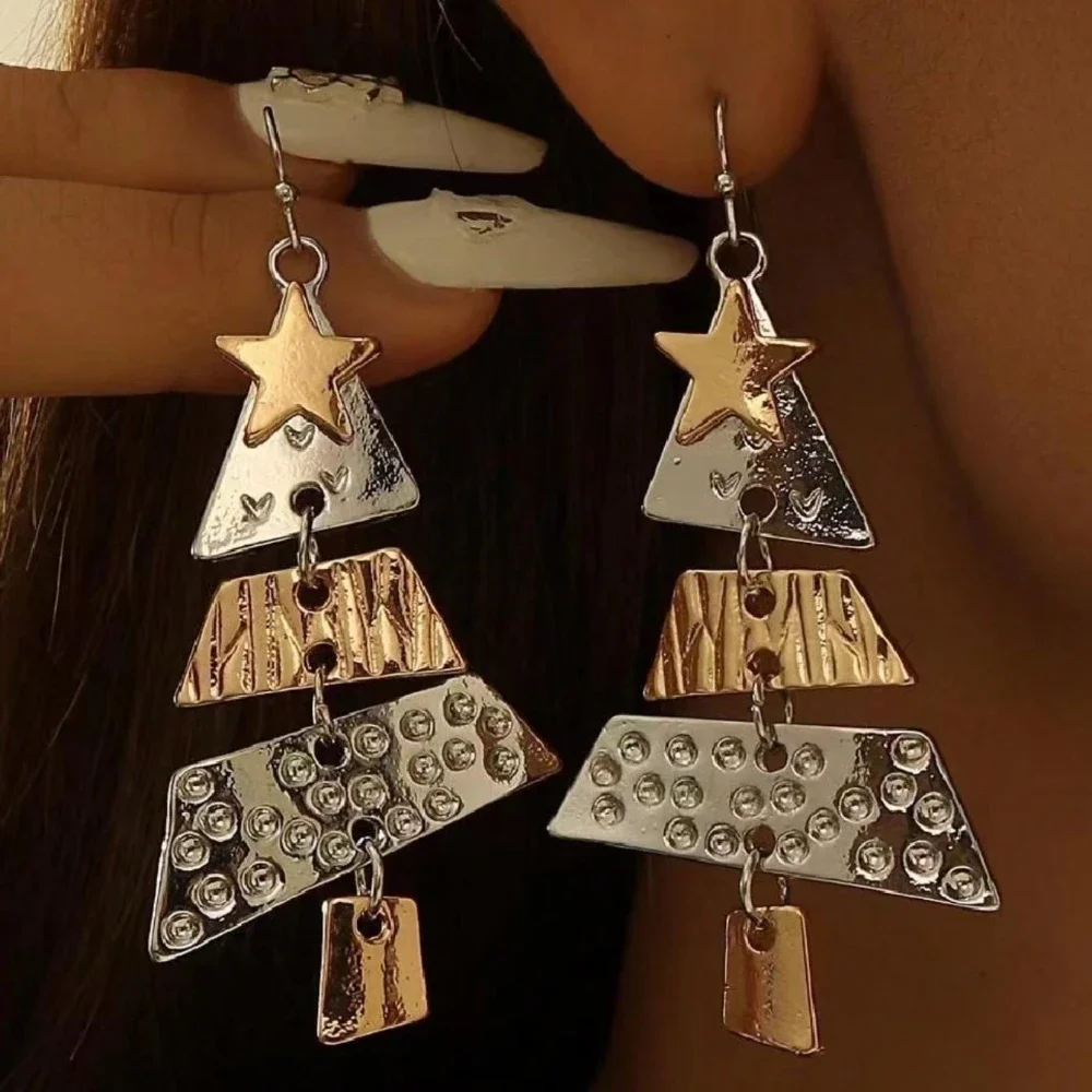 1 Pair High Quality Bi-Color Christmas Tree Design Earrings, Women's Fashion Multicolor Patchwork Dangle Earrings