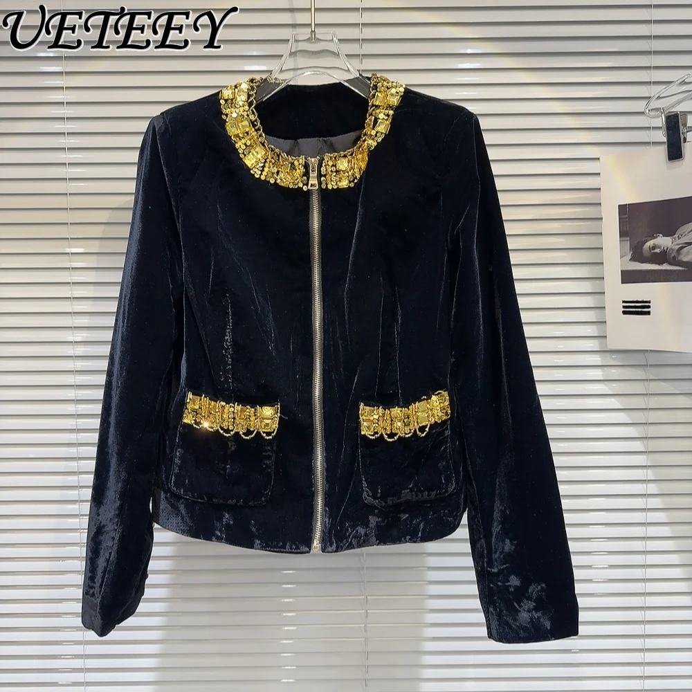 

2024 Spring New Elegant Socialite Heavy Industry Gold Diamond Chain Padded Shoulder Black Velvet Jacket Women Zipper Short Coat