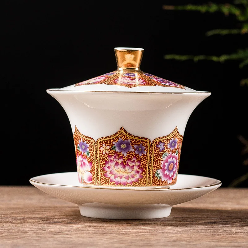 Chinese Enamel Gaiwan Mutton Fat Jade Porcelain Handmade Kung Fu Tea Bowl Use Home Office Tea Room Brew Loose Leaf Tea Cup Pot