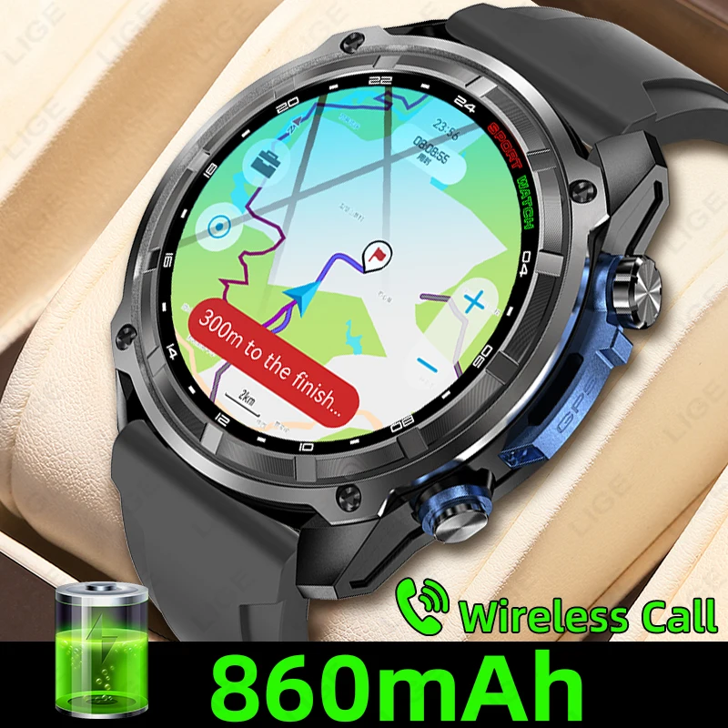 

LIGE GPS Smart Watch Men 1.43inch AMOLED Swim Six Axis Sensor 3ATM Waterproof 860mAh Sport 4GB Memory GPS Offline Map Smartwatch