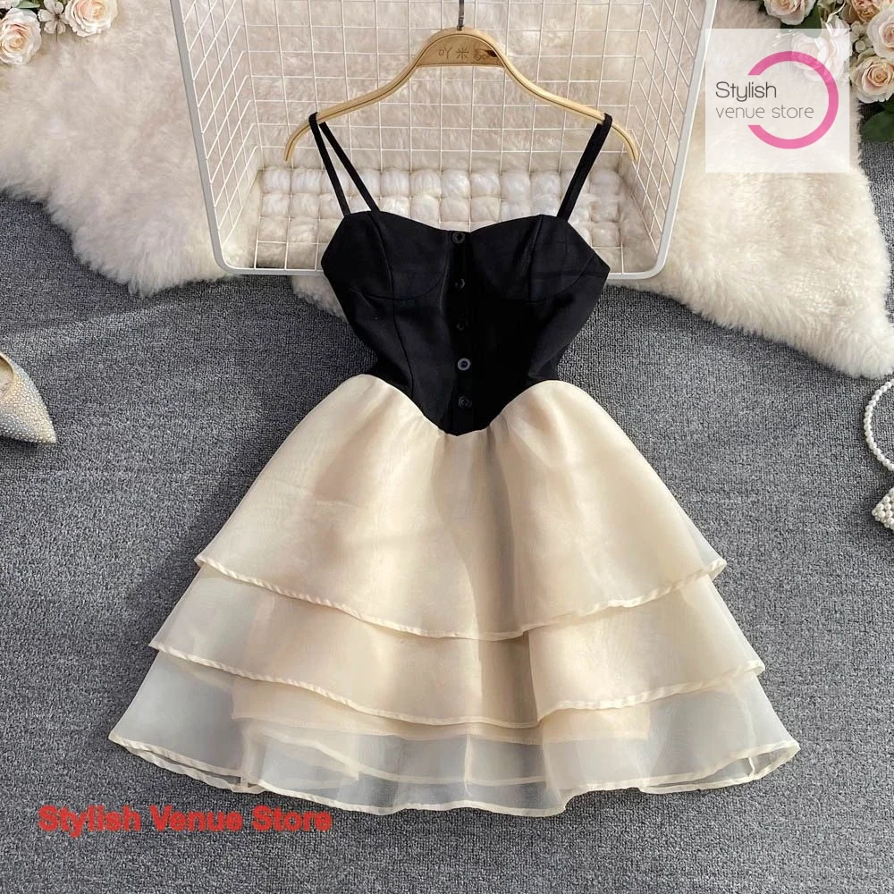 

Korean fashion slim waist mesh stitching sweet spice girl suspender dress female summer new slim temperament skirt sexy dress