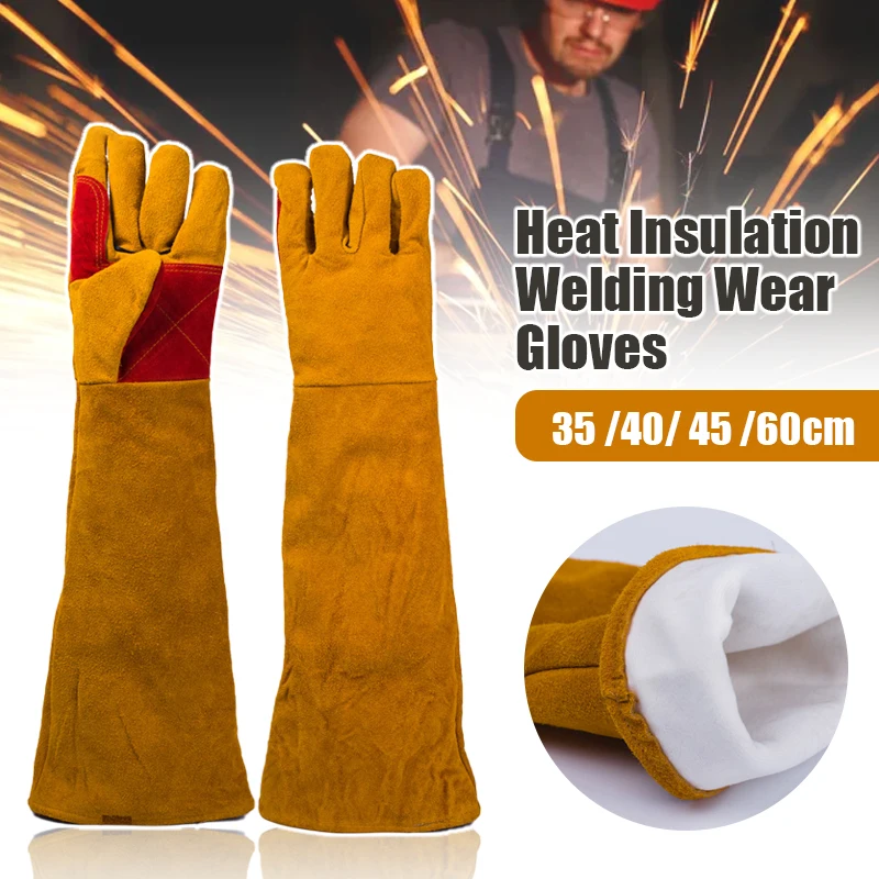 Guantes de soldador de cuero de vaca duraderos, resistentes al fuego, de 35/40/45/60cm, guantes de seguridad para el trabajo anticalor, aislamiento manual para herramientas manuales de soldadura