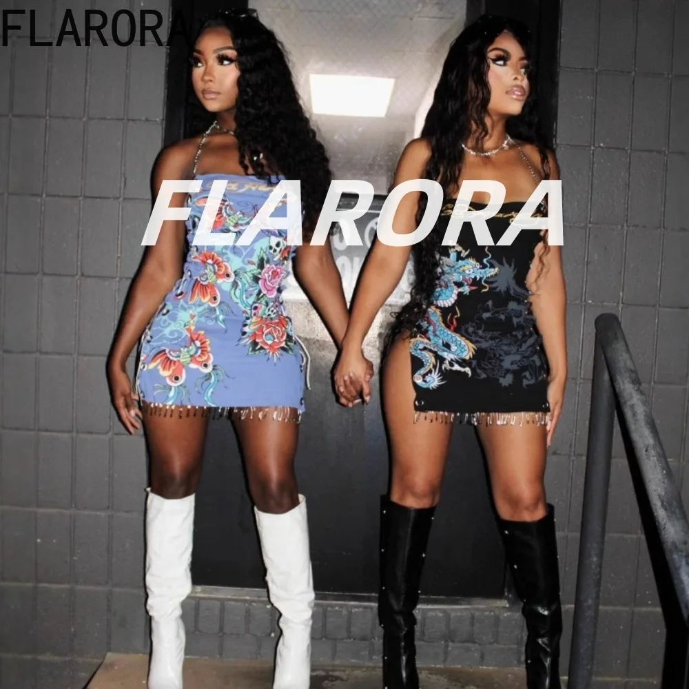 FLARORA Retro Y2k Printing Mini Dresses Woman Sleeveless Strapless Drawstring Bodycon Dress Female Midnight Clubwear Vestidos