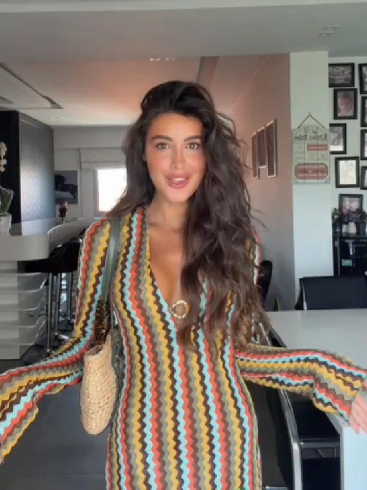 Women's Colorful Striped Knit Long Sleeve Party Dress Sexy Deep V-neck Bodycon Maxi Dress Stylish Lady Beach Party Vacation Gown