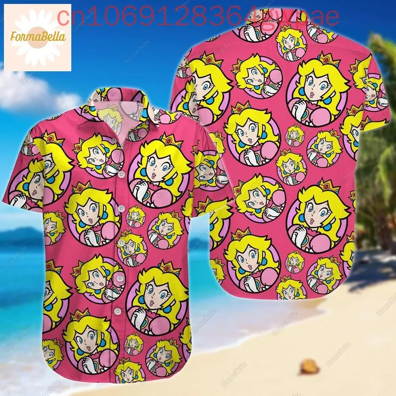 Super Mario Princess Peach Hawaiian Shirt Men's Casual Short Sleeve Shirt Mario Bros.Beach Shirt Fashion Resort Hawaii Shirt