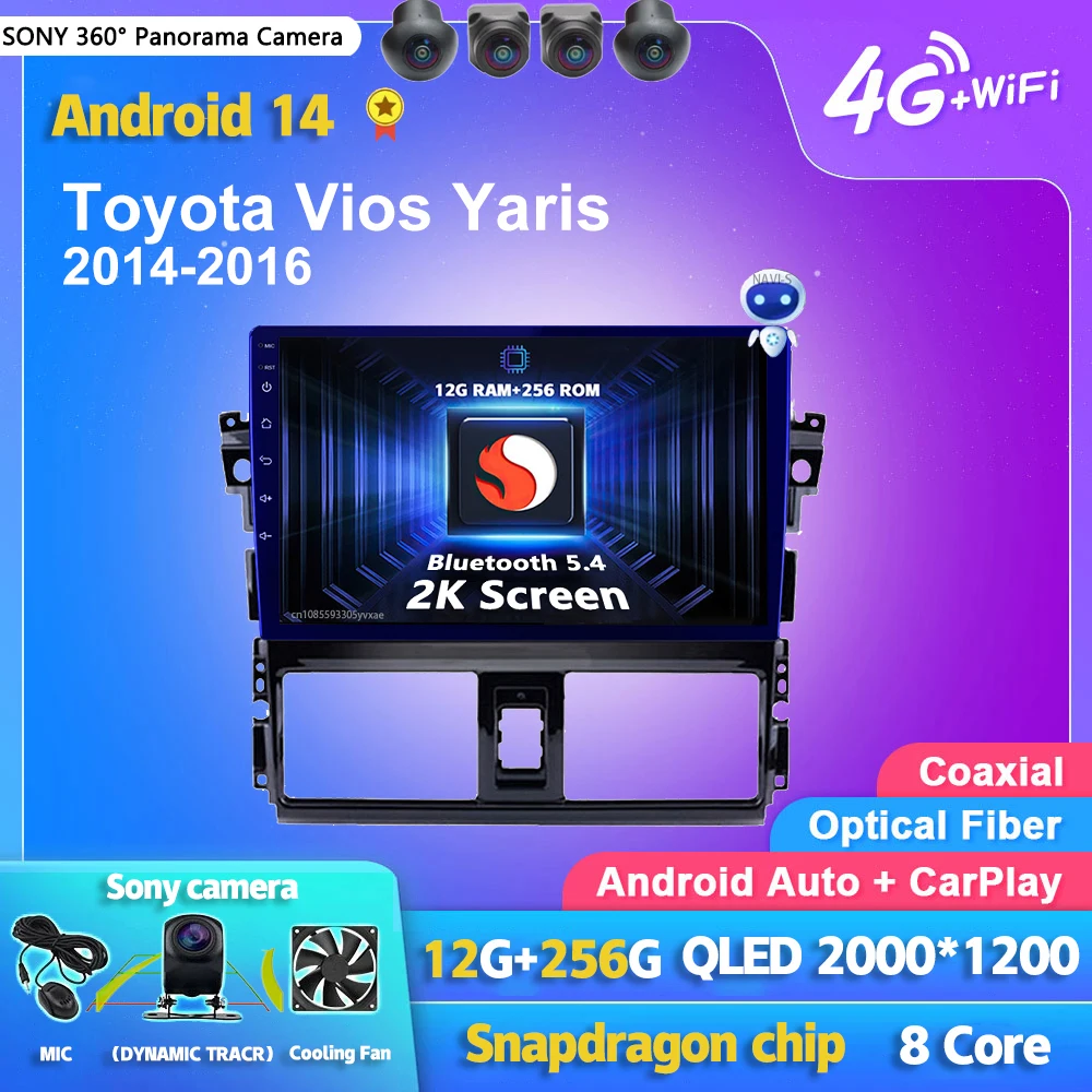 

Android 14 Carplay Auto 2K Screen Car Radio Multimedia Player For Toyota Vios Yaris 2014 - 2016 Autoradio Stereo 2din Head Unit