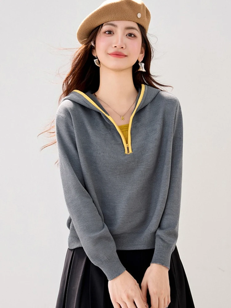 

Вязаный свитер Color Blo с длинными рукавами, повседневная женская верхняя одежда, весенний свободный крой, топ с эффектом похудения, дизайн с капюшоном, готов к путешествиям