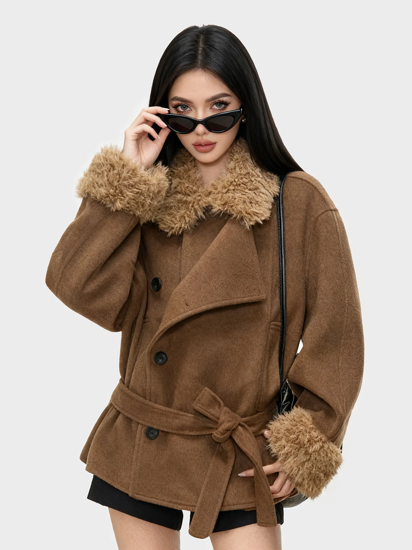 

JYOOK Women's Thiened Woolen Coat with Fur Collar Waist-Cinching Versatile Slimming Outerwear for Autumn Winter
