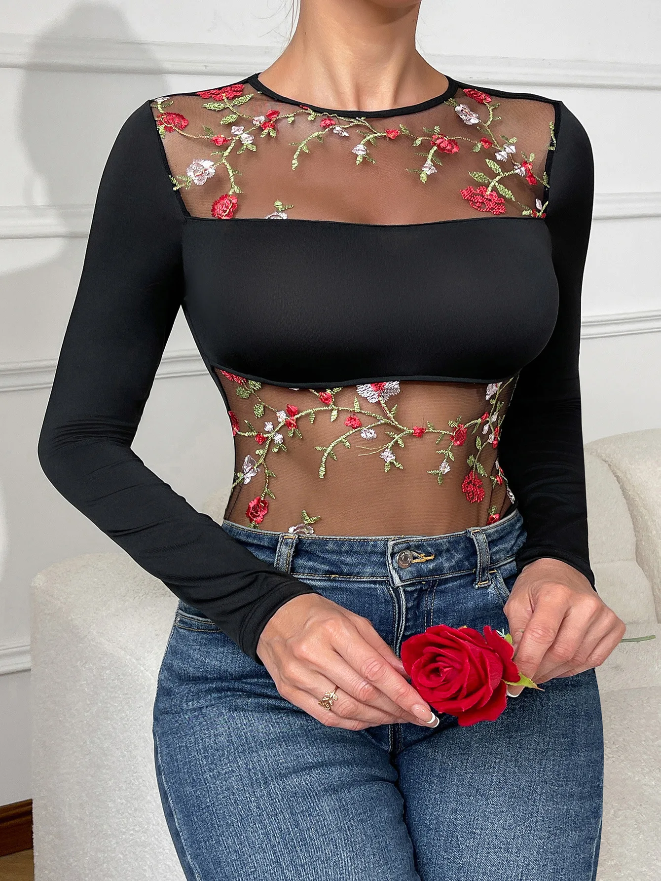 Sexy European And American Netting See-through Embroidered Flower One-piece Long Sleeve Top Versatile Trade Fairytale Gown