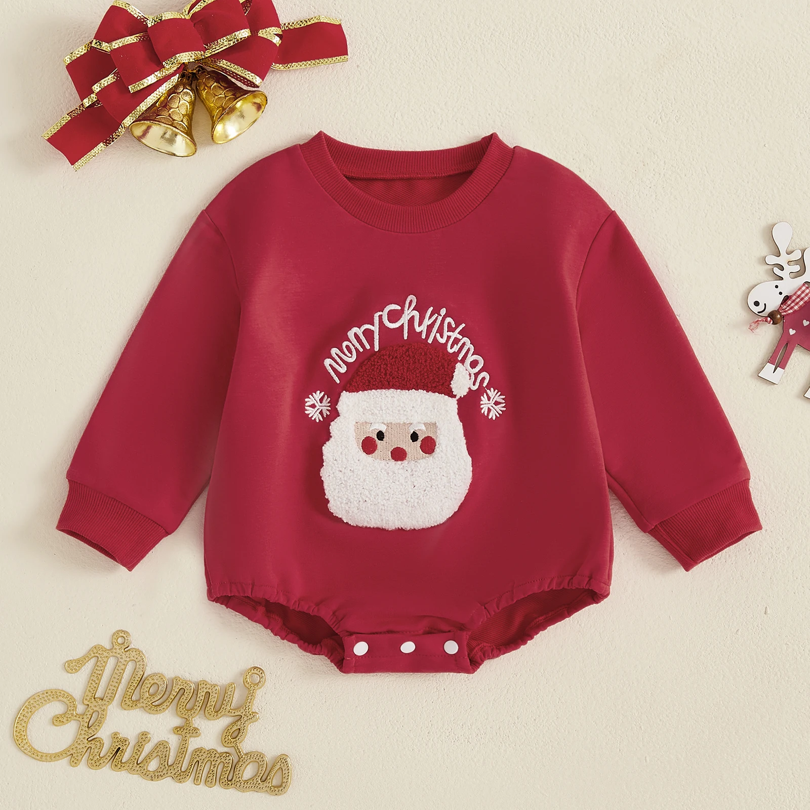 Cute Baby Christmas Romper Long Sleeve Crew Neck Santa Embroidery Bodysuit Newborn Baby Xmas Playsuit Clothes