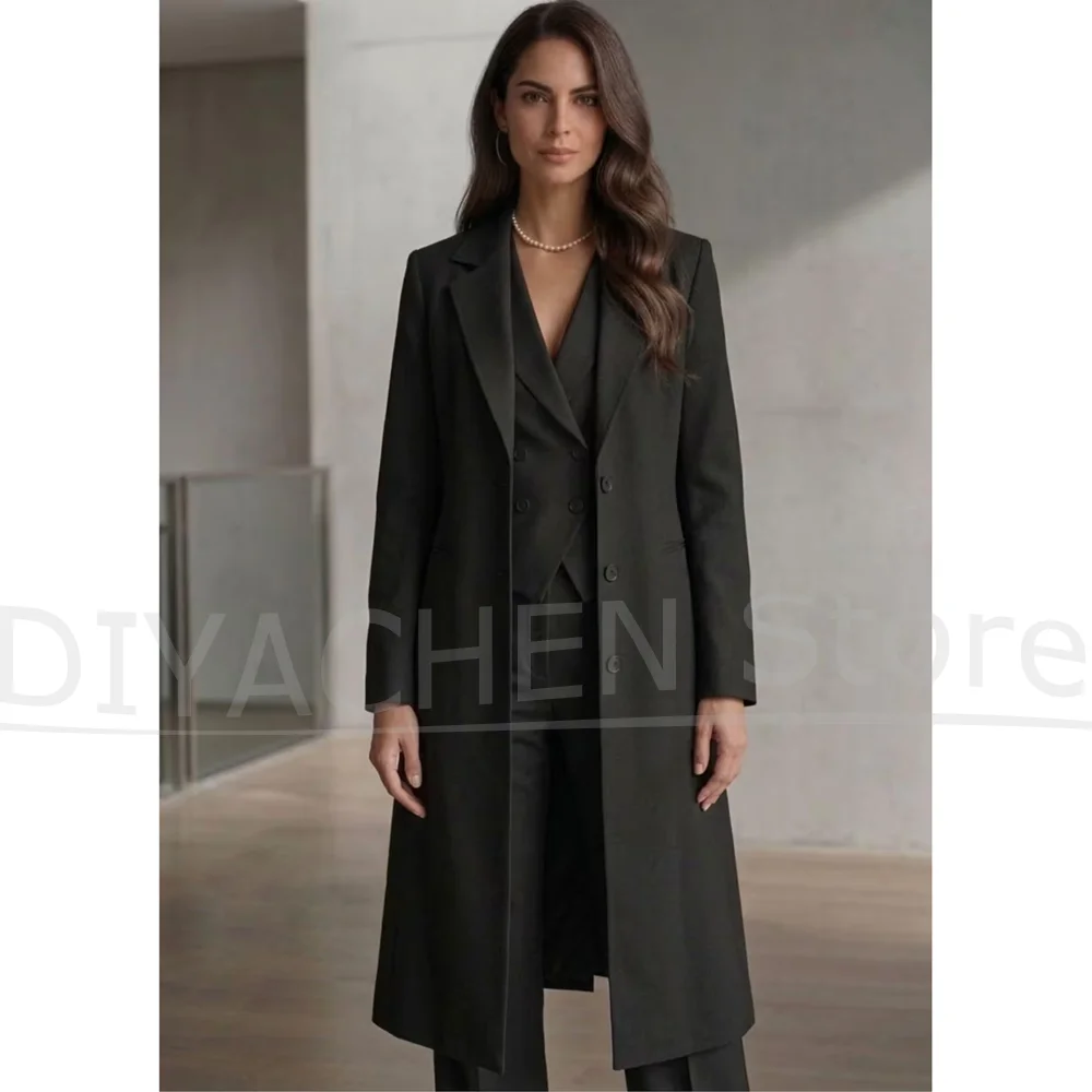 Women 3 Piece Suit Long Blazer Vest And Wide Leg Trousers Notched Lapel Formal Office Lady Business Outfit Wedding Party Tuxedo