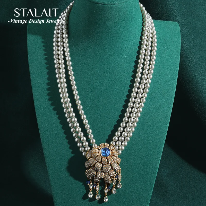 

Layered Necklaces Vintage Jewelry Zircon Flower Pendants Pearl Chain Stone For Woman Luxury Designer Wedding Accessories Brida