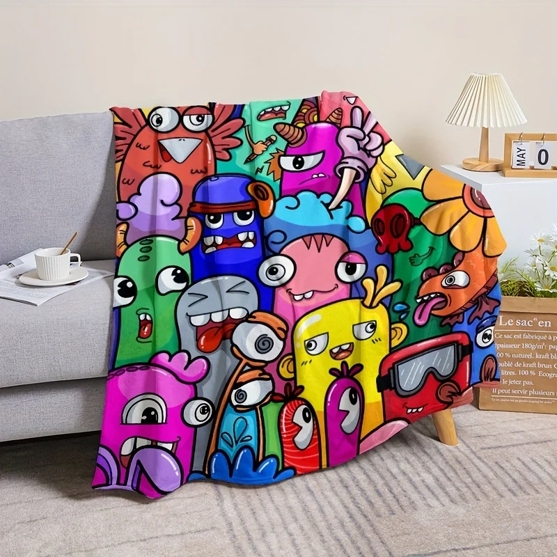 Playful Monster Print Blanket Reversible Flannel Throw for Kids Room AllSeason Comfort Whimsical Design Gift