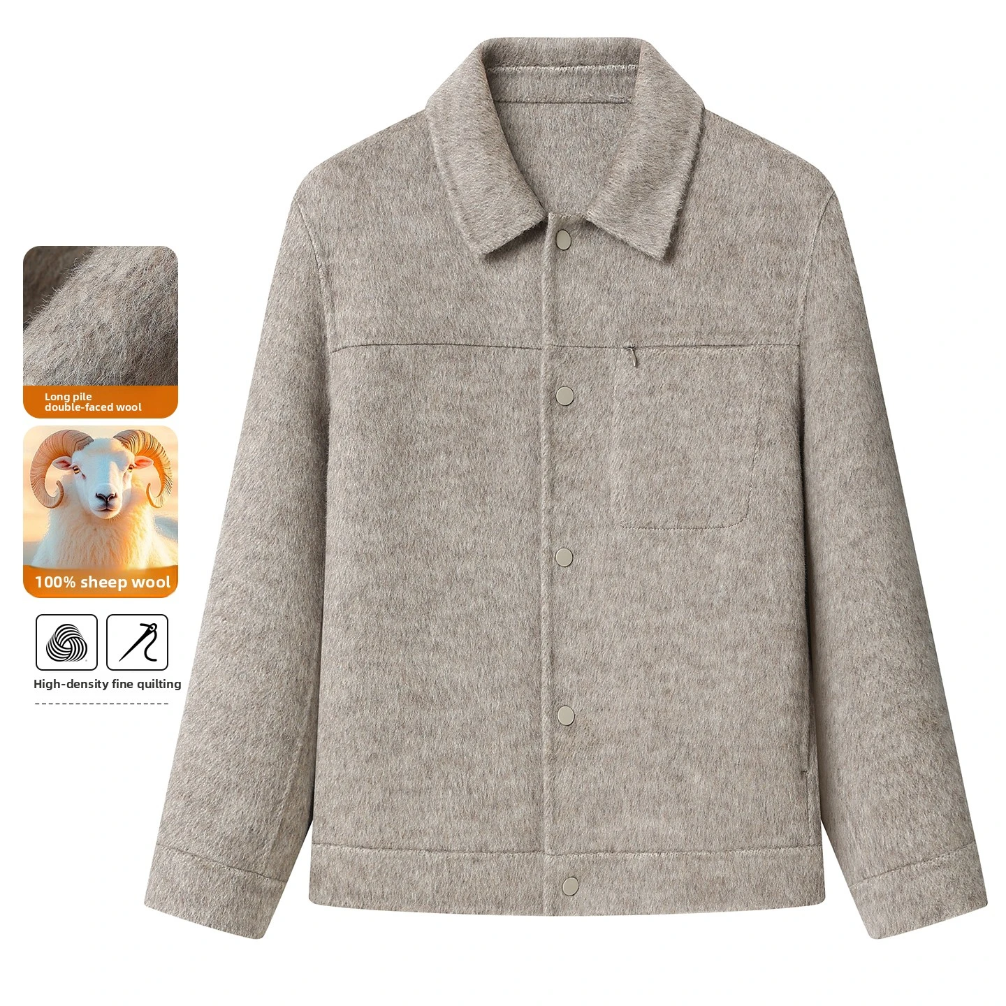 Men's 100% Pure Sheep Wool Jacket Long Hair Double-faced Wool Coat Turn-down Collar Short Workwear Outerwear For Fall Winter