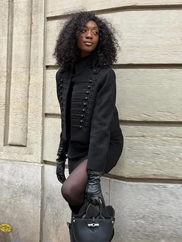 Women's Napoleon Style Black Cropped Jacket Coat Long Sleeve Tops Braided Button Trim Vintage Slim Fit Fashion Lady Outerwear 2 Women's Napoleon Style Black Cropped Jacket Coat Long Sleeve Tops Braided Button Trim Vintage Slim Fit Fashion Lady Outerwear 2