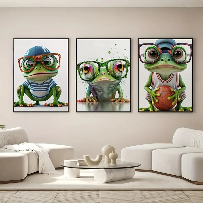 Canvas Prints Fashion Frog Wearing Baseball Cap Painting Watercolor Frog Poster Wall Art Pictures for Kids Room Decor