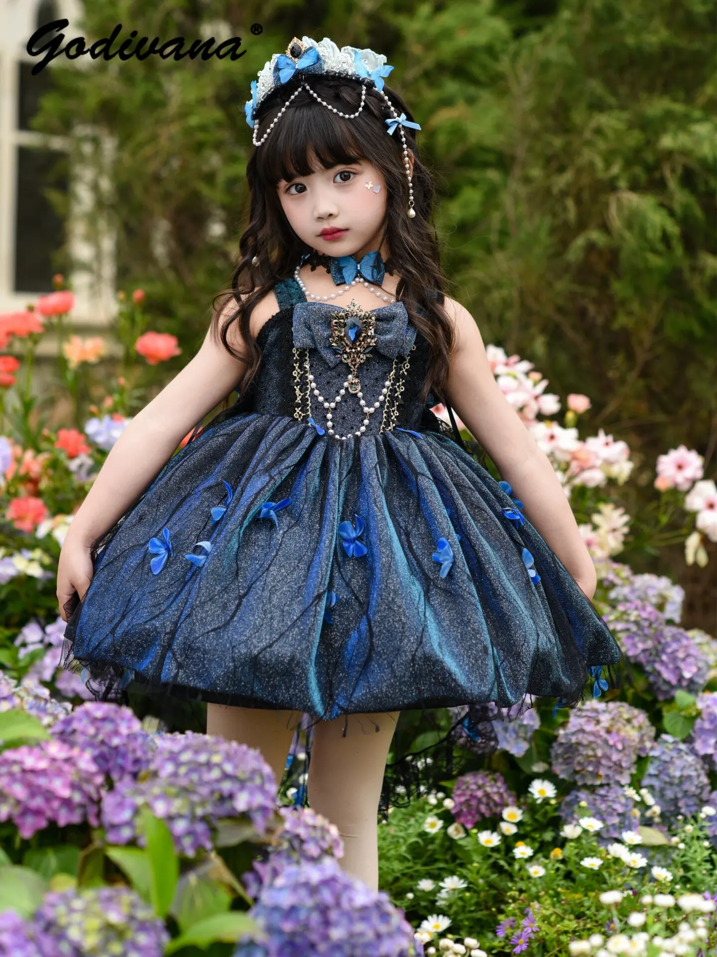 Sweet Cute Girls Lolita Princess Tutu Little Black Dress Kids New Summer High End Heavy Pearls Bow Sequin Birthday Party Gown