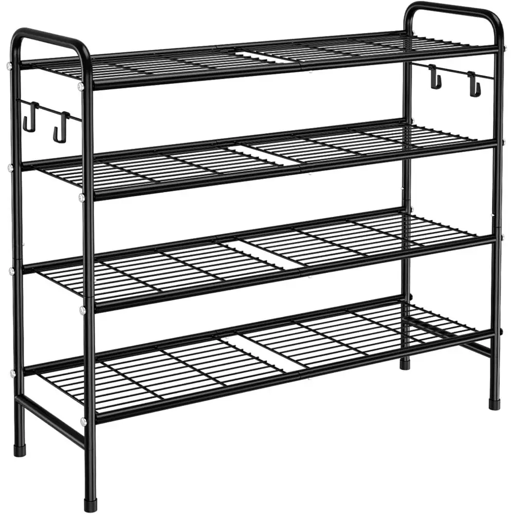 

4-Tier Shoe Rack 33 Wide Metal Shoe Organizer Long Shoe Storage with 4 Side Hooks for Closet, Front Door Entrance, Garage, Dorm,