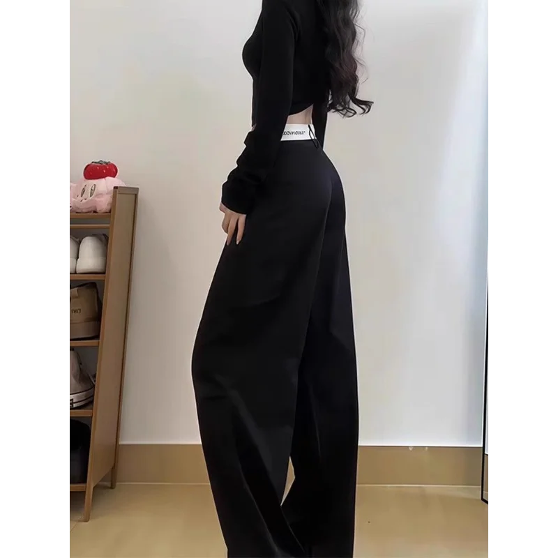 Calças cargo pretas femininas cintura alta solta ajuste emagrecimento calças largas