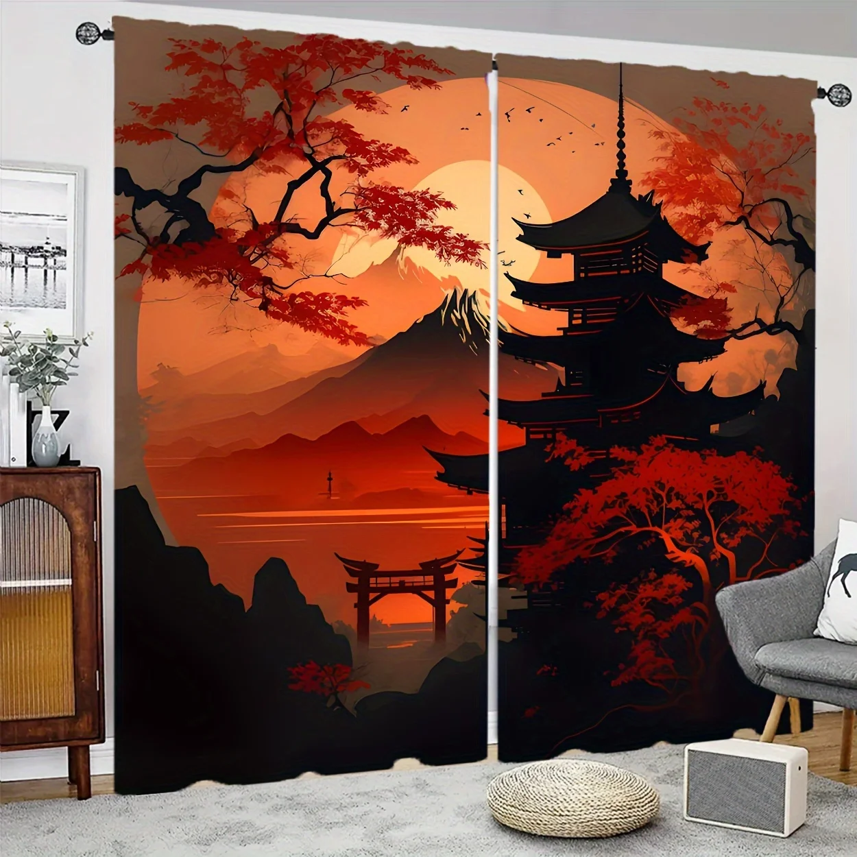2pcs Japanese Pagoda Curtains Red Maple Sunset Window Drapes Asian Zen Home Decor