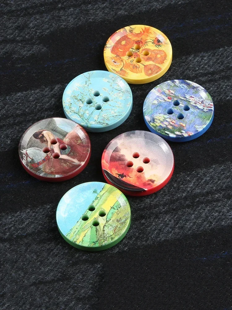 20pcs 22/25/30mm Resin Buttons Oil Painting Design 4-Holes Supplies Accessories Round Decorate Crafts for Coat Suit Clothes