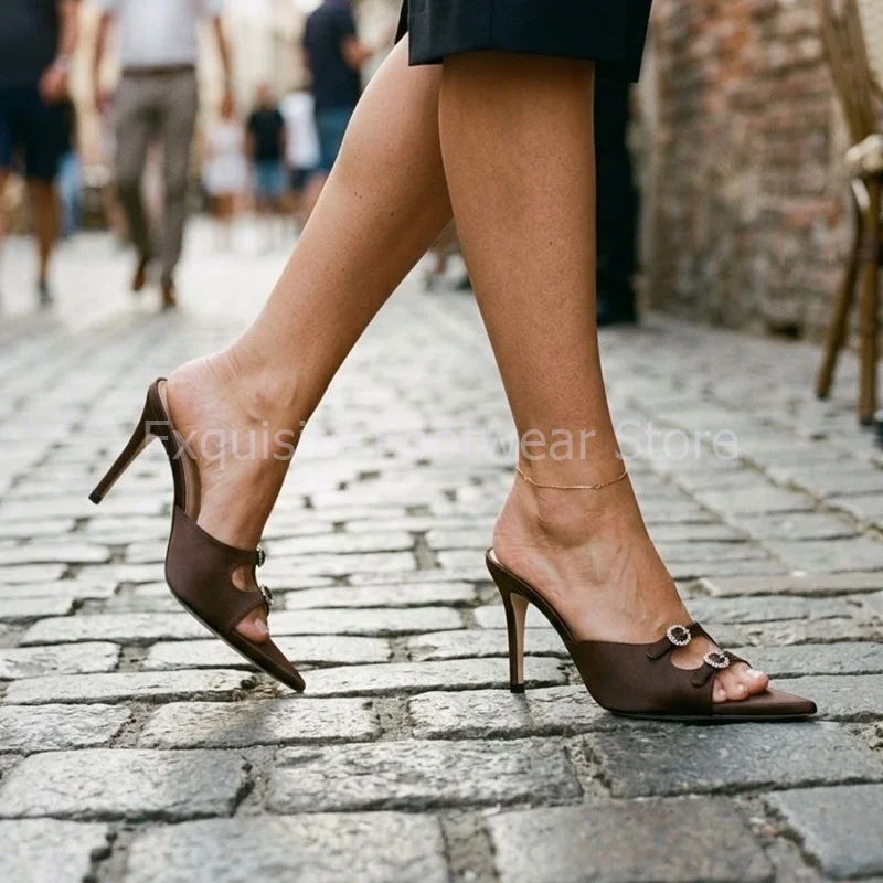 Women Double Strap Rhinestone High Heel Mules Sexy Pointed Open Toe Stiletto Sandals Satin Banquet Dress Pumps Summer Slip On