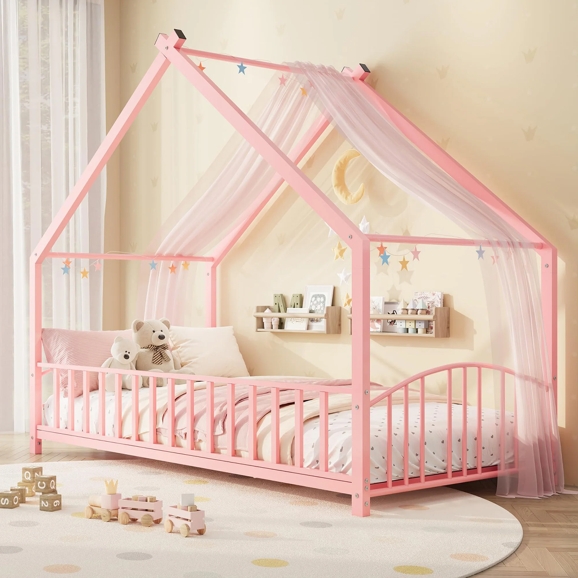 Twin House Bed Frame With Safety Rails, Montessori Floor Bed With Roof, Metal Platform Bed For Kids Girls Boys, No Box Spring