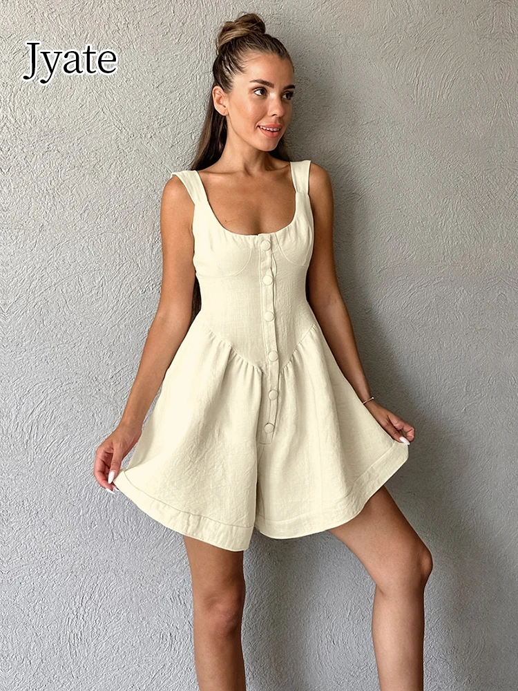 Jyate 2024 Summer New Khaki Cotton Linen Women Rompers Sleeveless Button Tank Shorts Jumpsuits Boho Beach One Piece Vacation