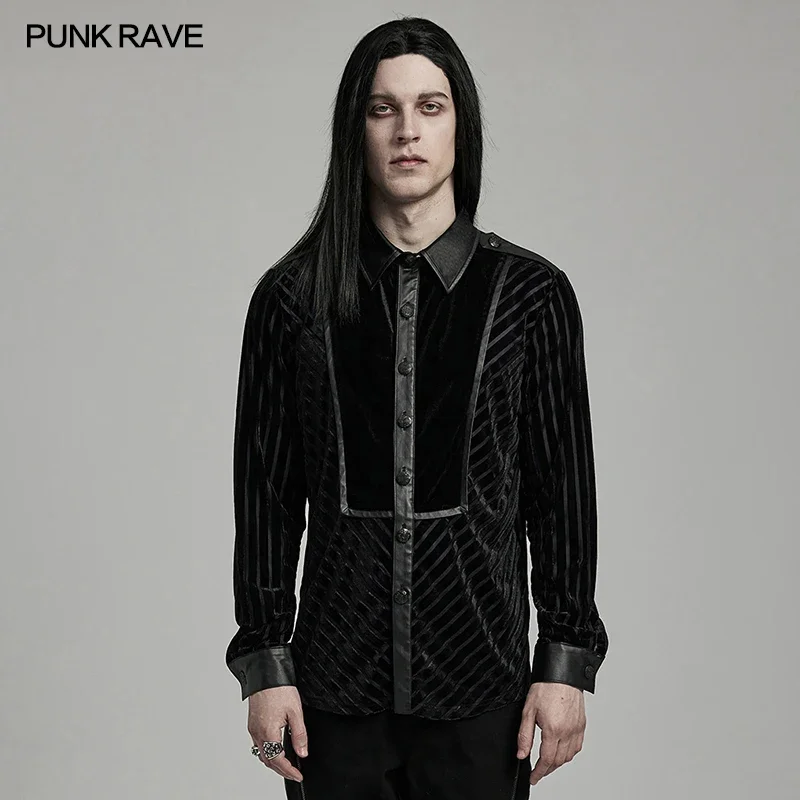 

PUNK RAVE Men's Cool Handsome Solid Color Velvet Spliced Military Shirt Punk Fitted Tops Men Clothing