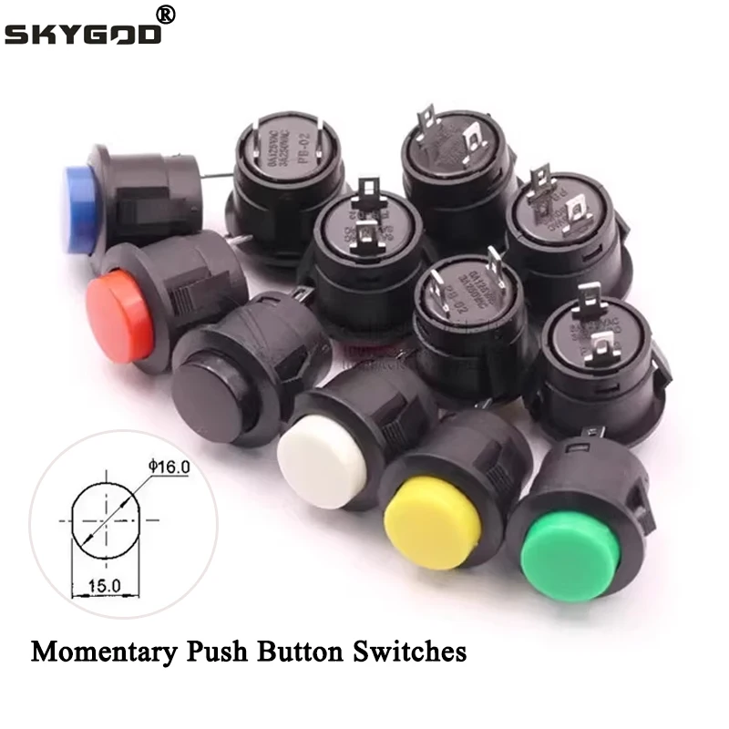 1~100pcs R13-507 Momentary Push Button Switch Black Blue Red White Yellow Green 16mm 2Pins 6A/125VAC 3A/250VAC Round Switches