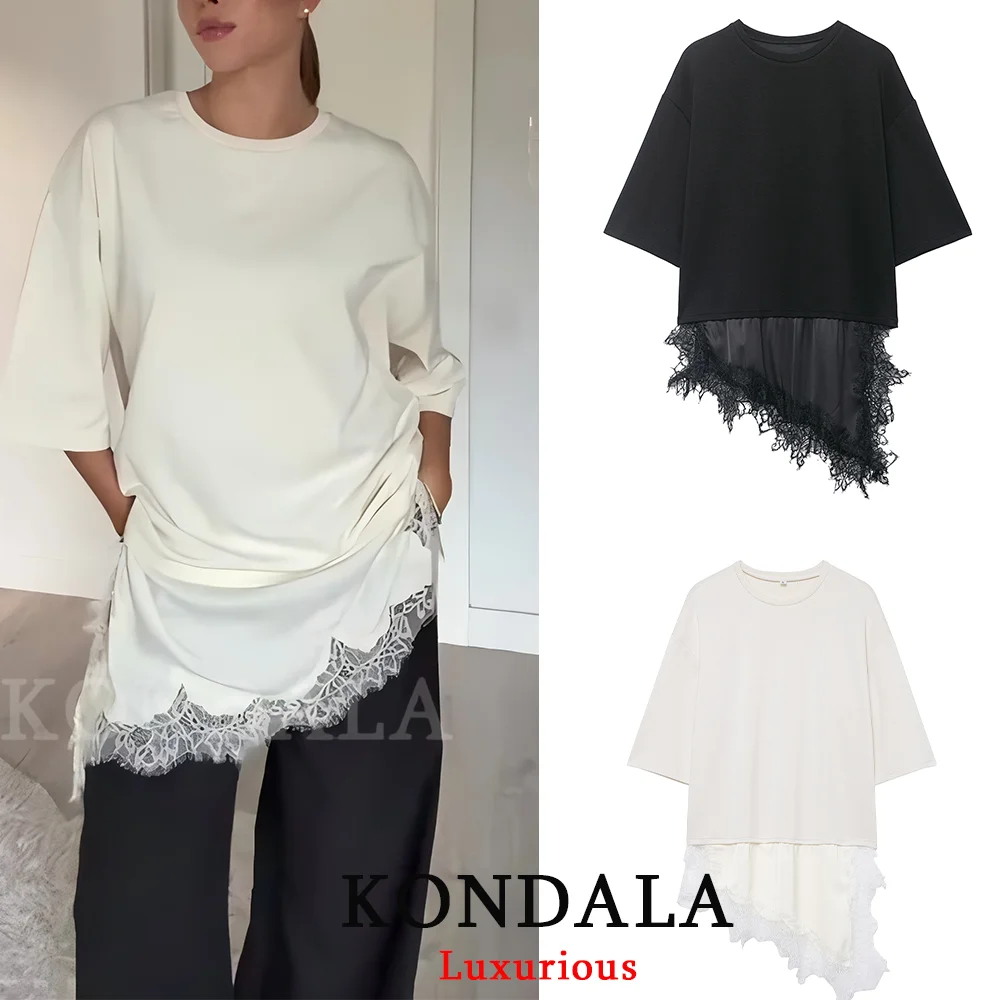 

KONDALA Повседневные шикарные кружевные лоскутные футболки женские с круглым вырезом и половиной рукава свободные женские вечерние топы мода 2026 весна Y2K Girl Chic Top