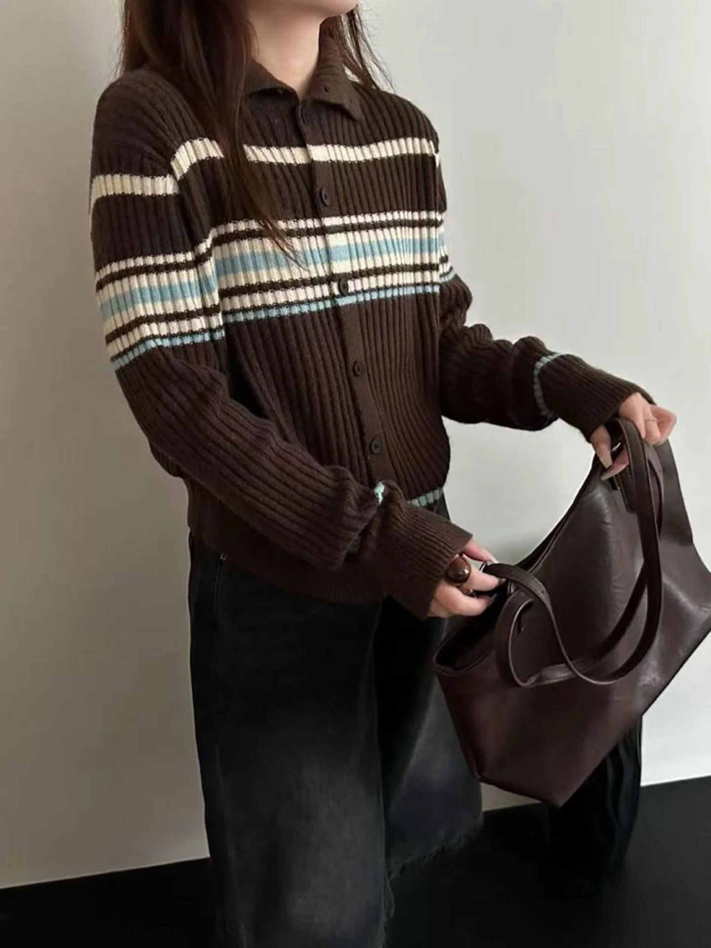 Couleur Blo rayé tricots longue Sve couche de base décontractée haut hiver respectueux de la peau anti-âge coréen Sle Faionable ouvert...