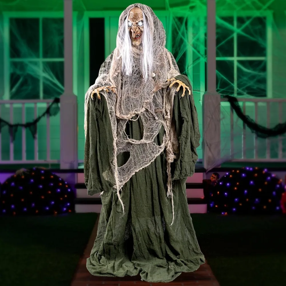 

68" Halloween Animatronics Clearance, Scary Halloween Witch Decorations with LED Eyes and Creepy Sound, Life Size Animated