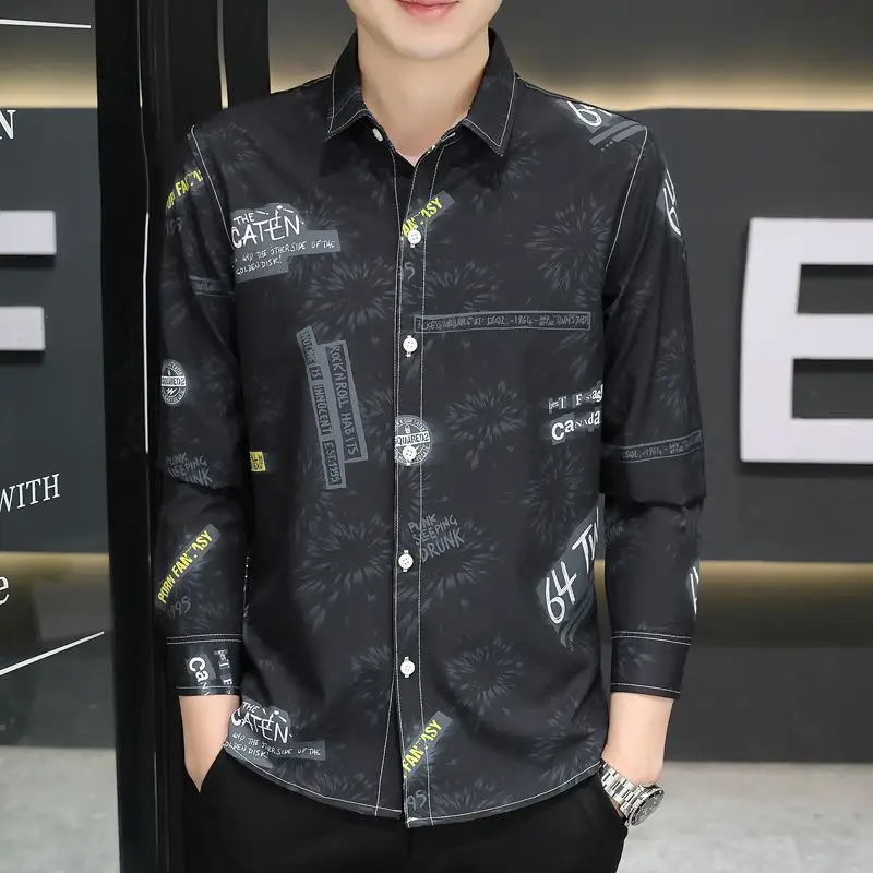 2025 New Autumn Men Long-sleeved Shirt Korean Style Slim and Handsome Prints Start to Be Iron-free and Anti-wrinkle Top