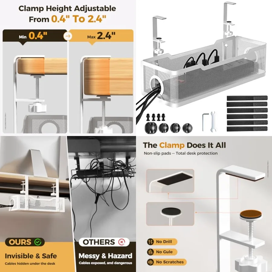 

Under Desk Cable Management Tray, Wire Organizers No Drill, Cable Tray with Clamp for Wire Management, Cord Organization Box fo