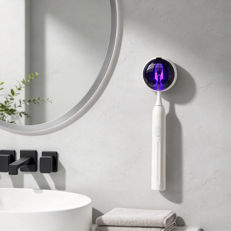 Mini Wall Mounted UV Toothbrush Holder, Beige Electric Toothbrush Storage Unit with Enclosed Light Compartment for Bathroom