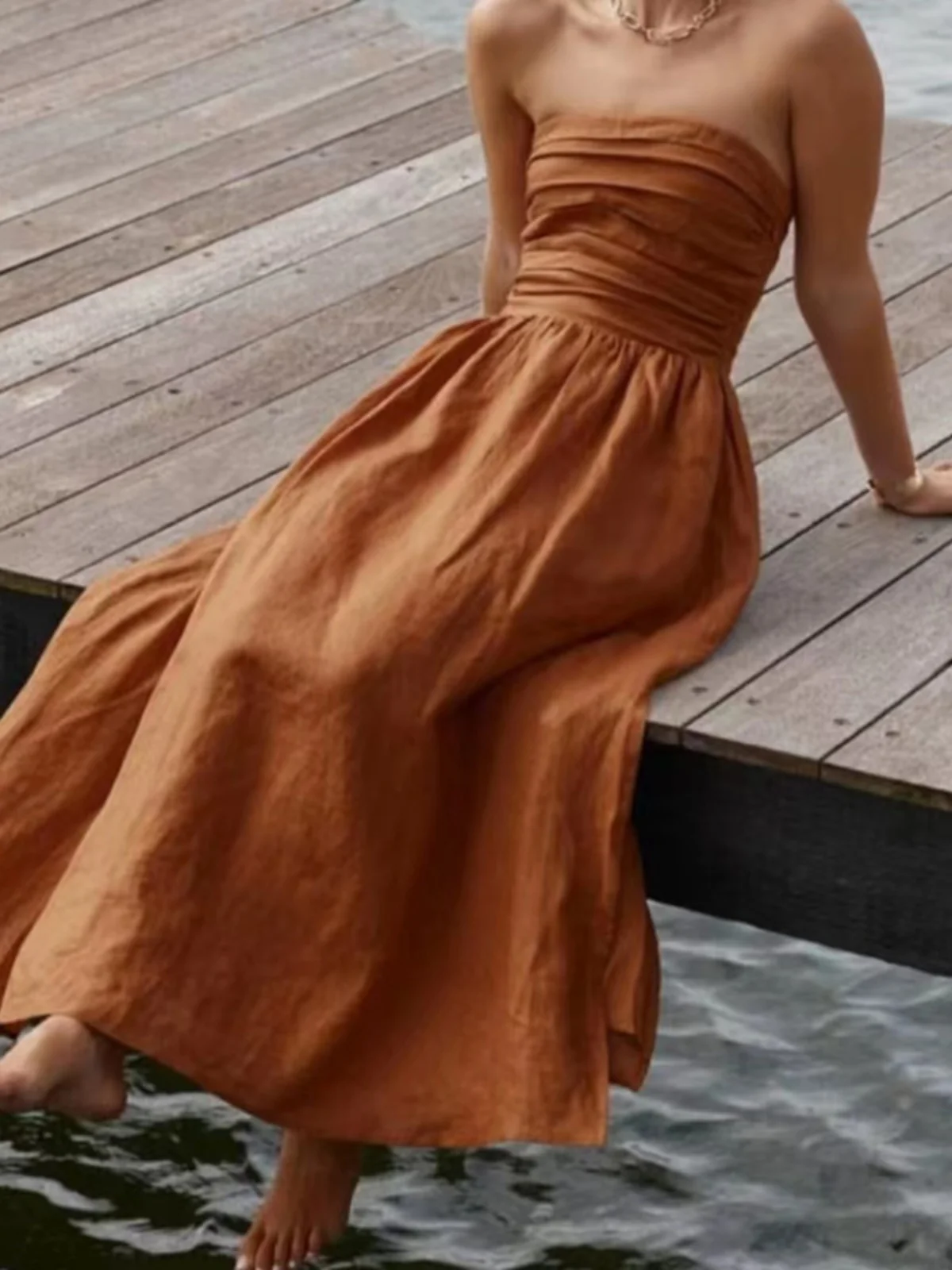 

Slim Fit Dissh Dress with Pleats High Waist Large Skirt A-Line Summer Cotton Linen Material Sleeveless Wrap Style for Holiday