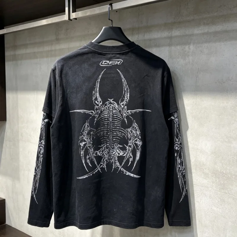 Beast Bone Print Waffle Splicing Sleeve Fake Two Piece Long Sleeve Chew Forever Tshirt Distressed Washed Black Tops Men Women