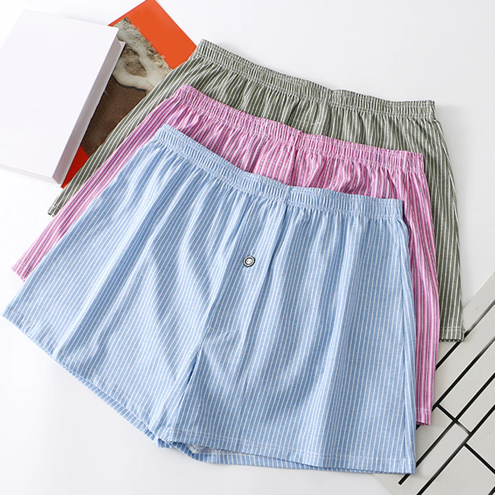 Sexy Men Vertical Stripe Shorts Loose Casual Boxer Briefs Daily Underwear Button Underpants Cotton Skin-friendly Panties