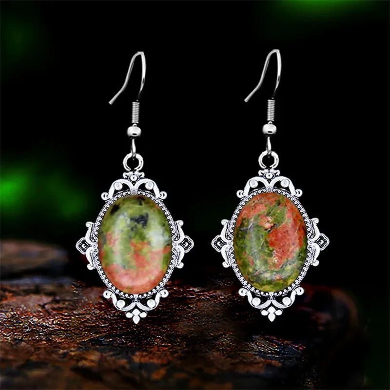 9 Color Vintage Natural Stone Unakite Quartz Jewelry Set For Women Antique Silver Plated Flower Fashion Necklace Earring Jewelry