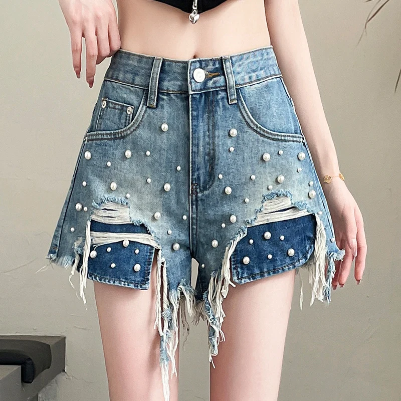 

Nail Bead Denim Shorts for Women Summer 2025 New Design Sense Rotten hole High Waist Hot Pants Spicy Girl Thin Short Pant