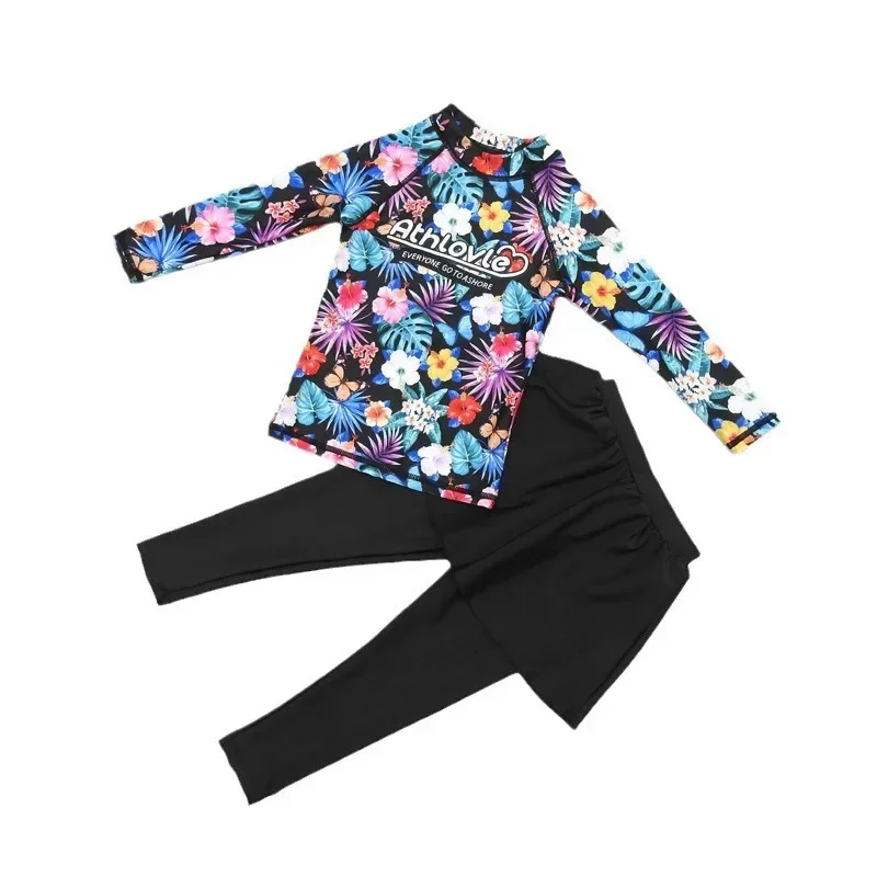Summer Girls Two-piece Swimsuit Long Sleeve Cartoon Flower Print Sunscreen Quick-Dry Tankini Baby Swimwear Vacation Beachwear