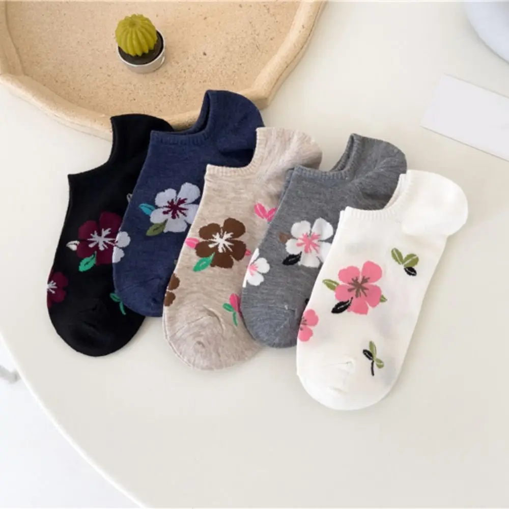 

5 пар носков до щиколотки в корейском стиле с сердечком и цветком, женские чулочно-носочные изделия с гамбургером, короткие носки с изображением любви, противоскользящие хлопковые женские носки