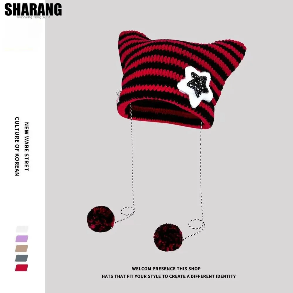 مخطط محبوك قبعة صوف الكروشيه قبعة صغيرة قبعة آذان القط وأشار البلوز قبعة Ins لطيف ستار ديكور معلقة الكرة قبعة مترهل