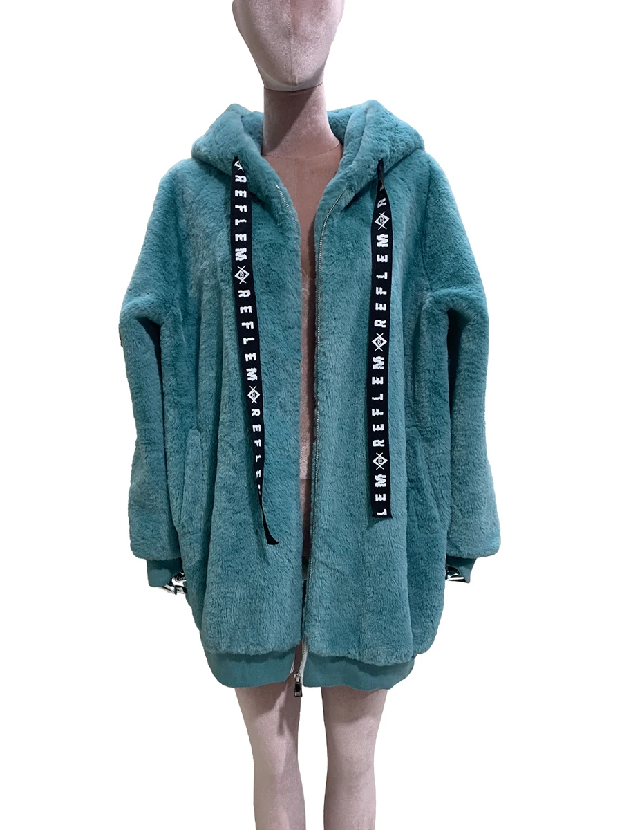 Autumn Winter Sweet Cute Faux Fur Coat Women with Bunny Ears Zipper Kawaii Loose Japanese Style Clothes Fluffy Jacket Hoodie