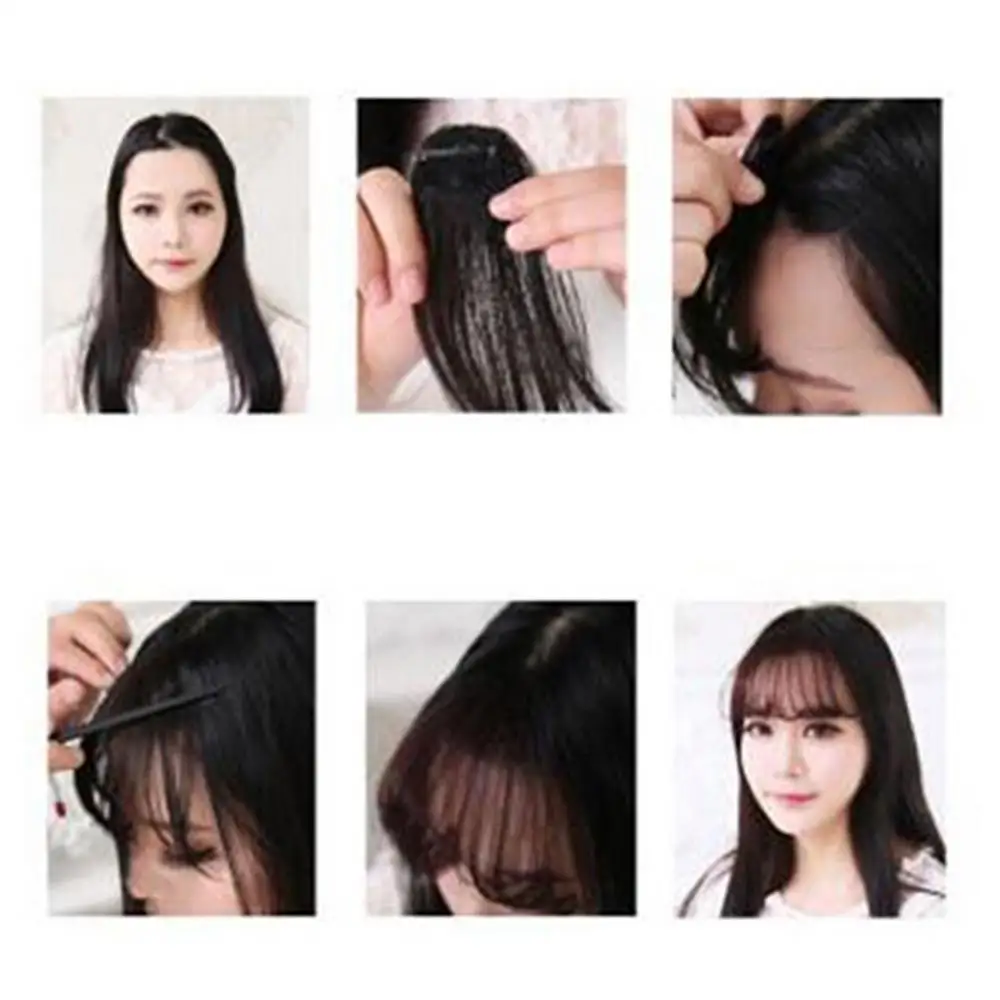 Rambut palsu poni sintetis, rambut palsu hitam coklat, klip ekstensi di sopak, Wig tidak terlihat poni rata