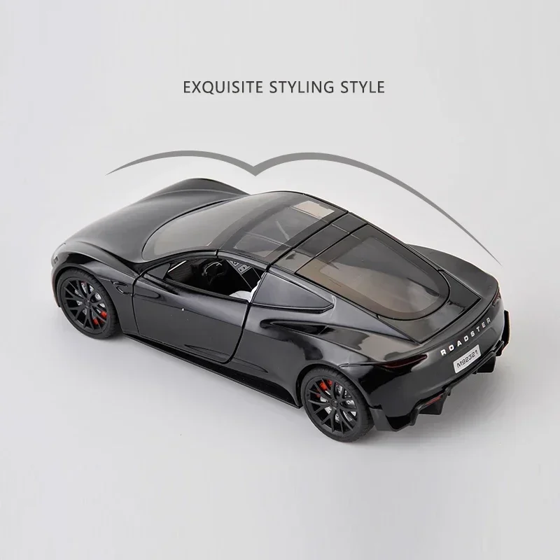 Diecast Alloy 1:24 Tesla Roadster Car Model with Charging Post Collective Voiture Miniature Sound And Light Toys Vehicles Boys