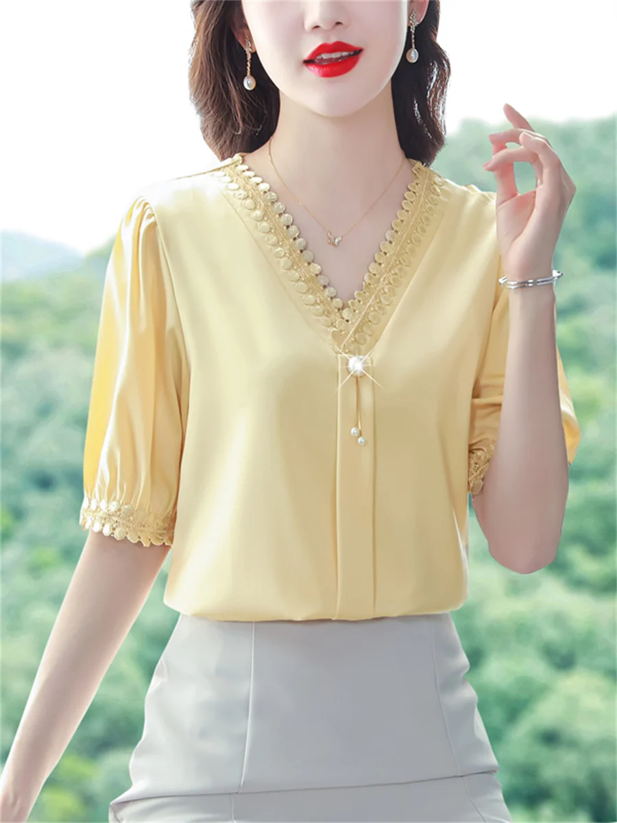 Women Spring Summer Blouses Shirts Lady Fashion Casual Half Sleeve V-Neck Collar Solid Color Blusas Tops CT0206