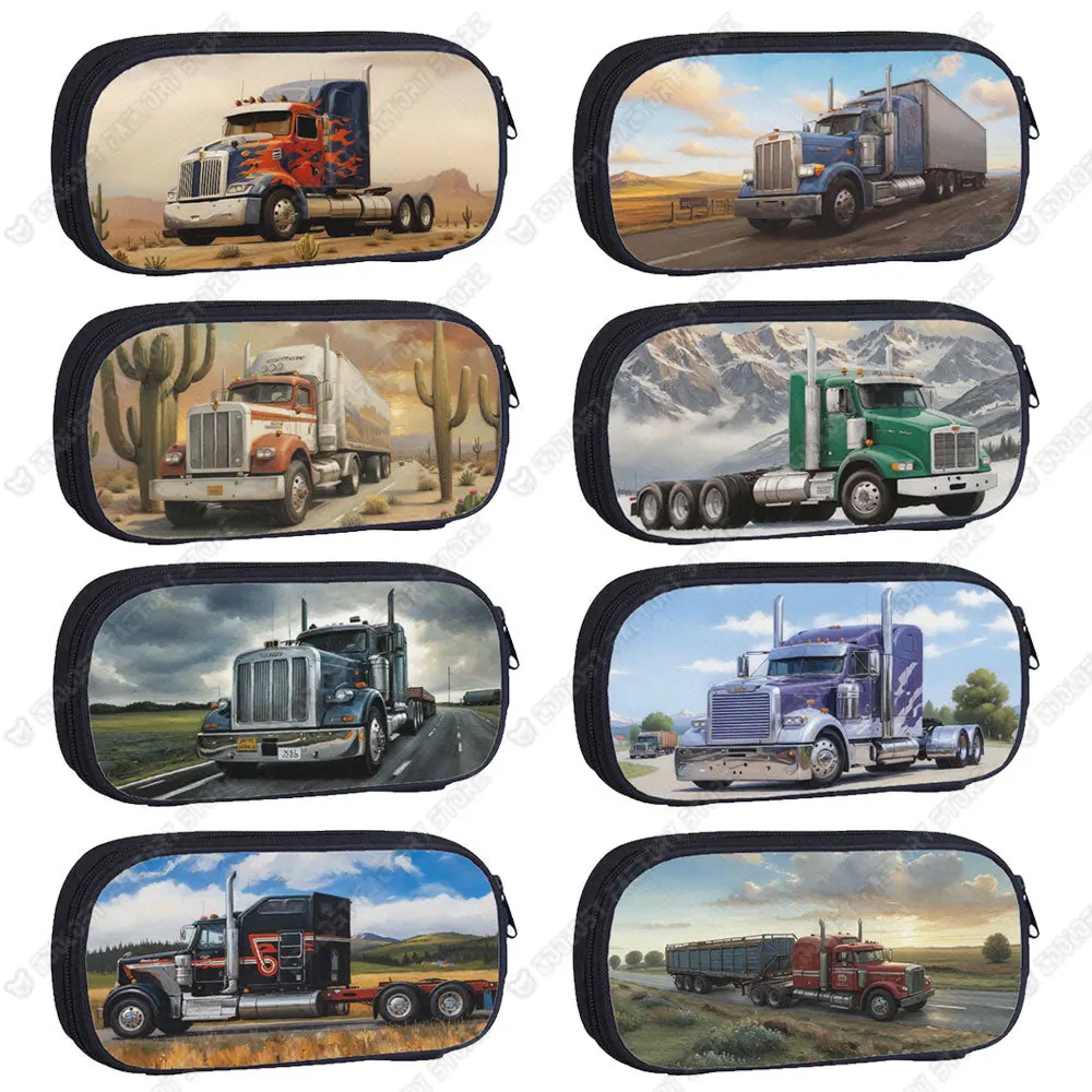 Cool Semi Trailer Trucks Print Cosmetic Bag School Cases Pencil Box Stationary Bags Cosmetic Case Brush Holder Pencil Bag