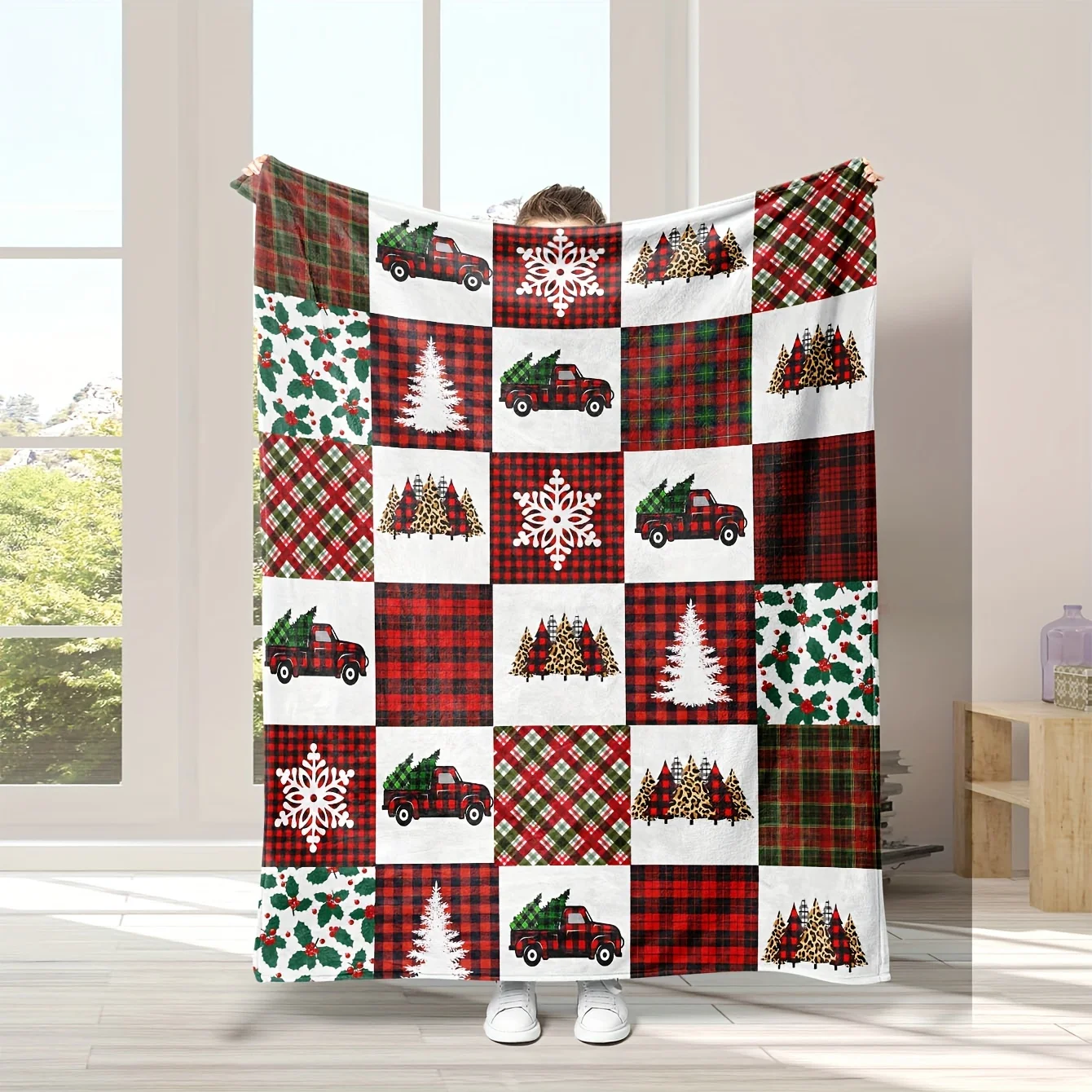 Christmas Truck Flannel Blanket - Reversible Buffalo Plaid Throw,  Soft Polyester for Sofa/Bed, Cozy Holiday Gift
